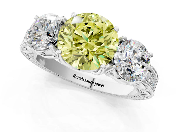 White Gold Round Engraved Three Stone Engagement Ring Setting for Fancy Yellow Center