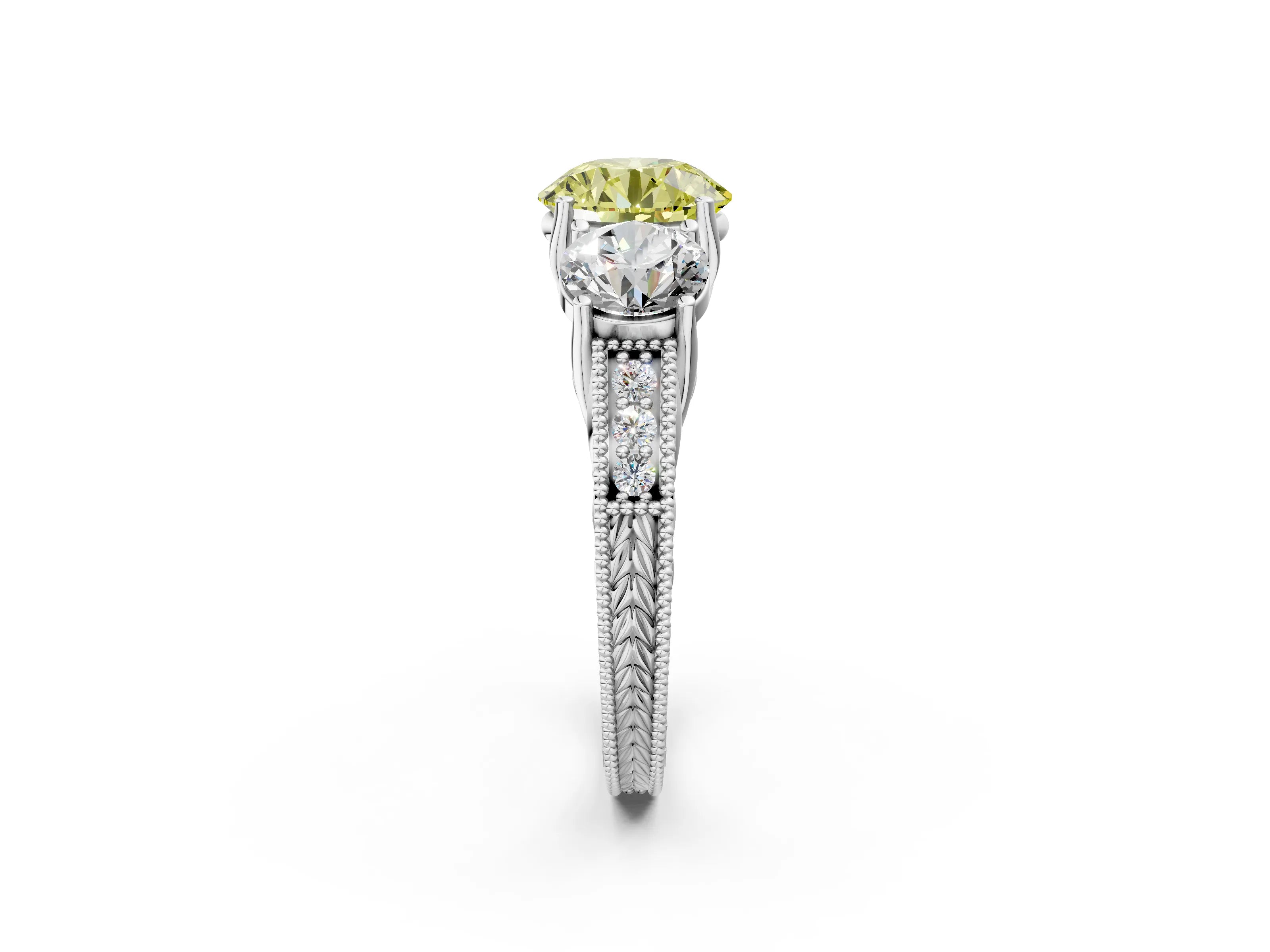 White gold Three-Stone Fancy Yellow Round Cut Cut Milgrain Pavé Engagement Ring_14