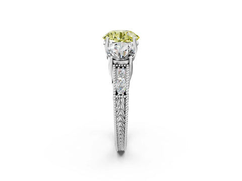 White gold Three-Stone Fancy Yellow Round Cut Cut Milgrain Pavé Engagement Ring_14