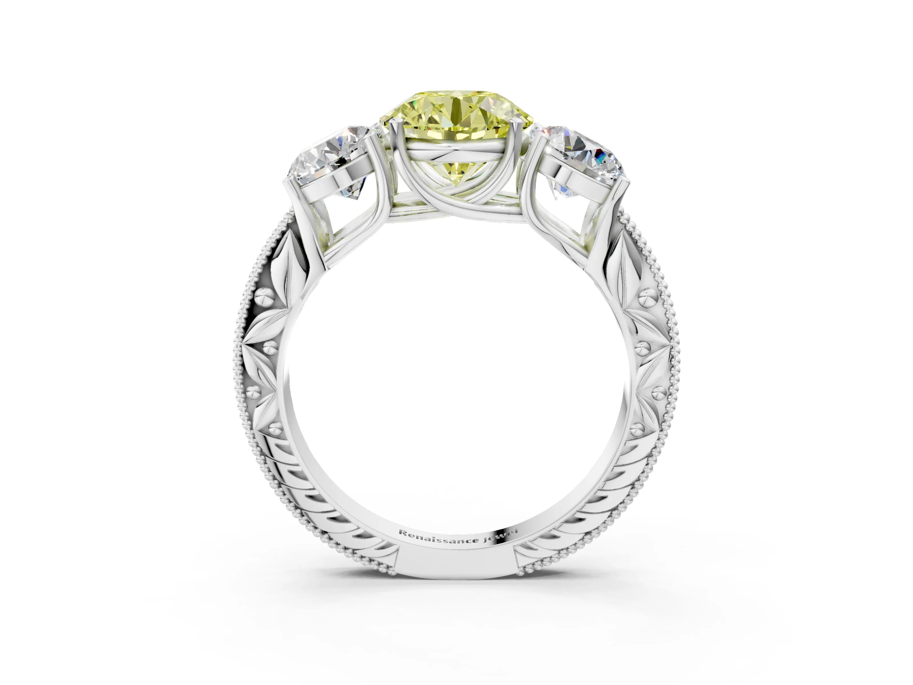 White gold Three-Stone Fancy Yellow Round Cut Cut Milgrain Pavé Engagement Ring_15