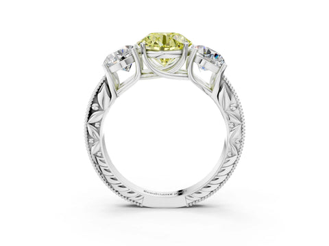 White gold Three-Stone Fancy Yellow Round Cut Cut Milgrain Pavé Engagement Ring_15