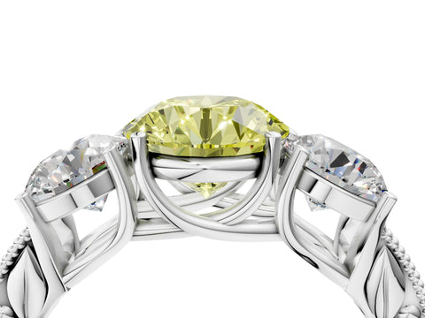 White gold Three-Stone Fancy Yellow Round Cut Cut Milgrain Pavé Engagement Ring_16