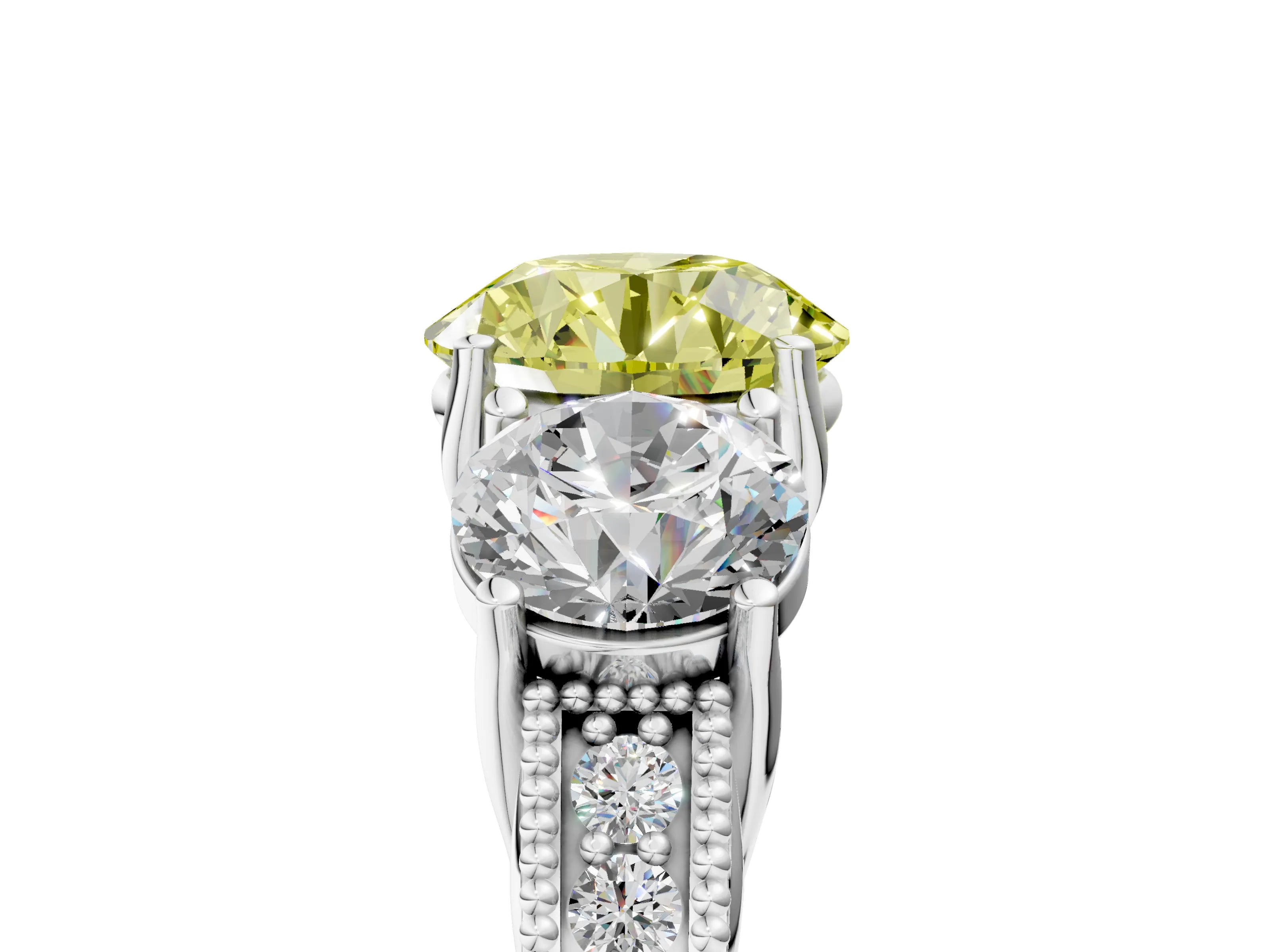 White gold Three-Stone Fancy Yellow Round Cut Cut Milgrain Pavé Engagement Ring_17