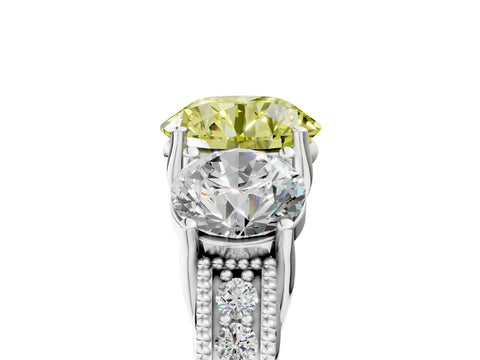 White gold Three-Stone Fancy Yellow Round Cut Cut Milgrain Pavé Engagement Ring_17