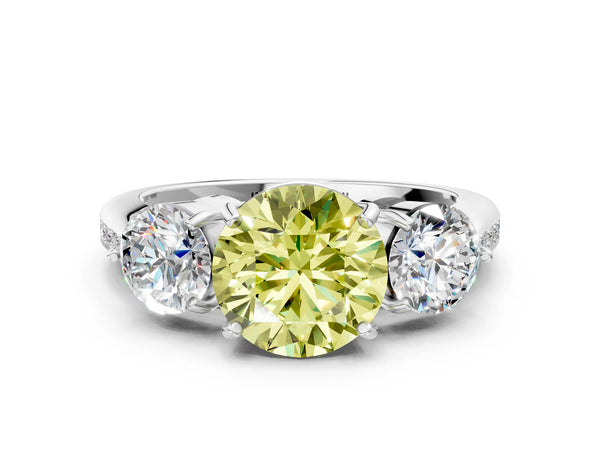 Platinum Three-Stone Fancy Yellow Round Cut Diamond Channel Set Engagement Ring with Prong Setting