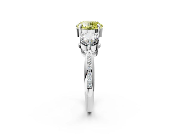 Platinum Three-Stone Fancy Yellow Round Cut Diamond Channel Set Engagement Ring with Prong Setting