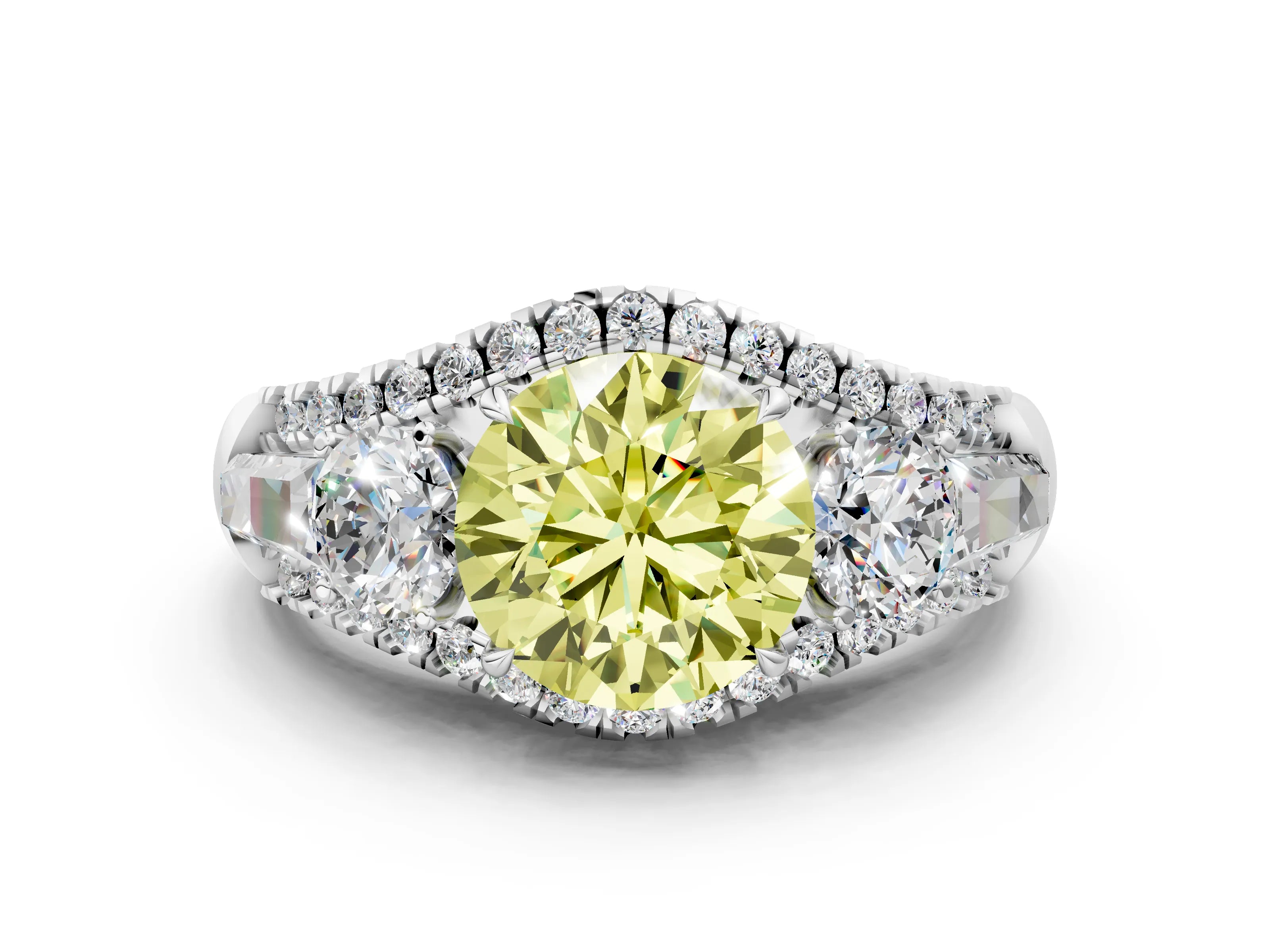 White gold Three-Stone Fancy Yellow Round Cut Diamond Engagement Ring with Pave Band and Prong Setting_12