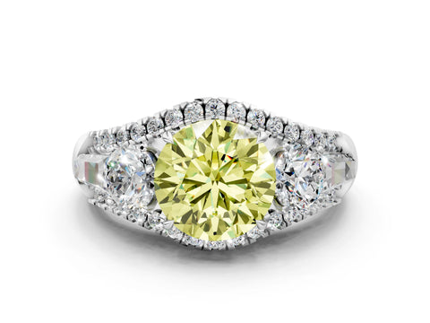 White gold Three-Stone Fancy Yellow Round Cut Diamond Engagement Ring with Pave Band and Prong Setting_12