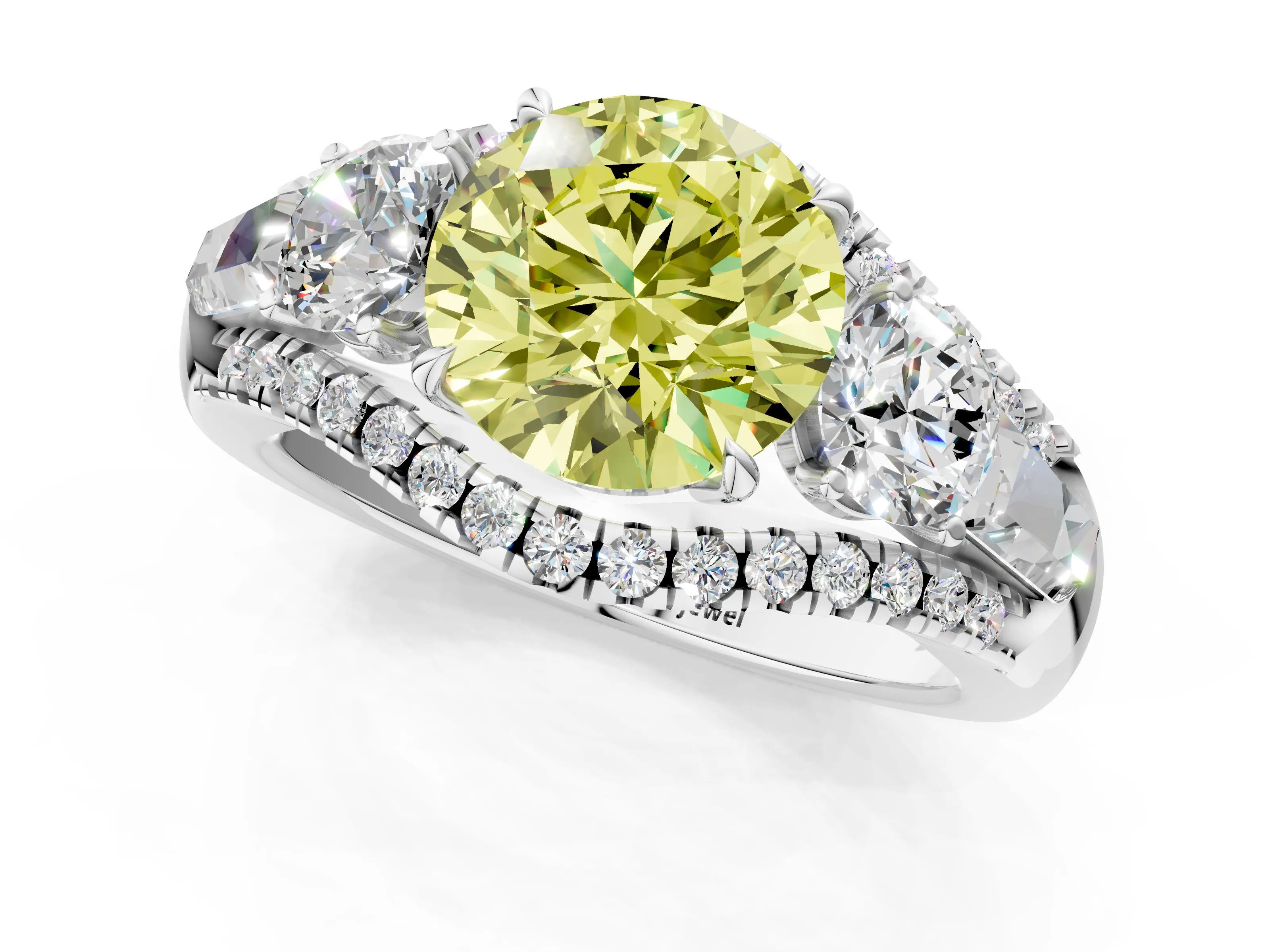 White gold Three-Stone Fancy Yellow Round Cut Diamond Engagement Ring with Pave Band and Prong Setting_13