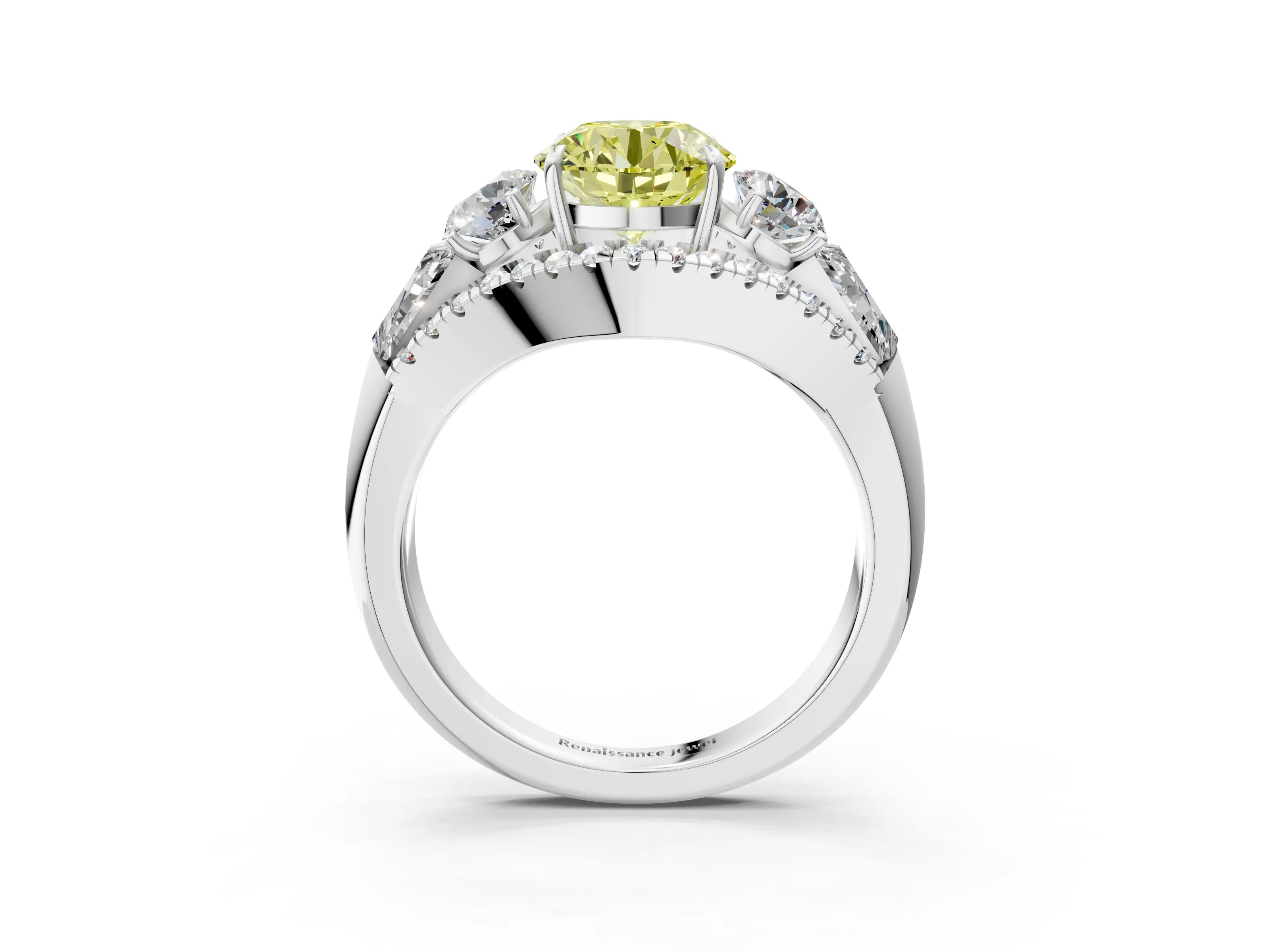 White gold Three-Stone Fancy Yellow Round Cut Diamond Engagement Ring with Pave Band and Prong Setting_15