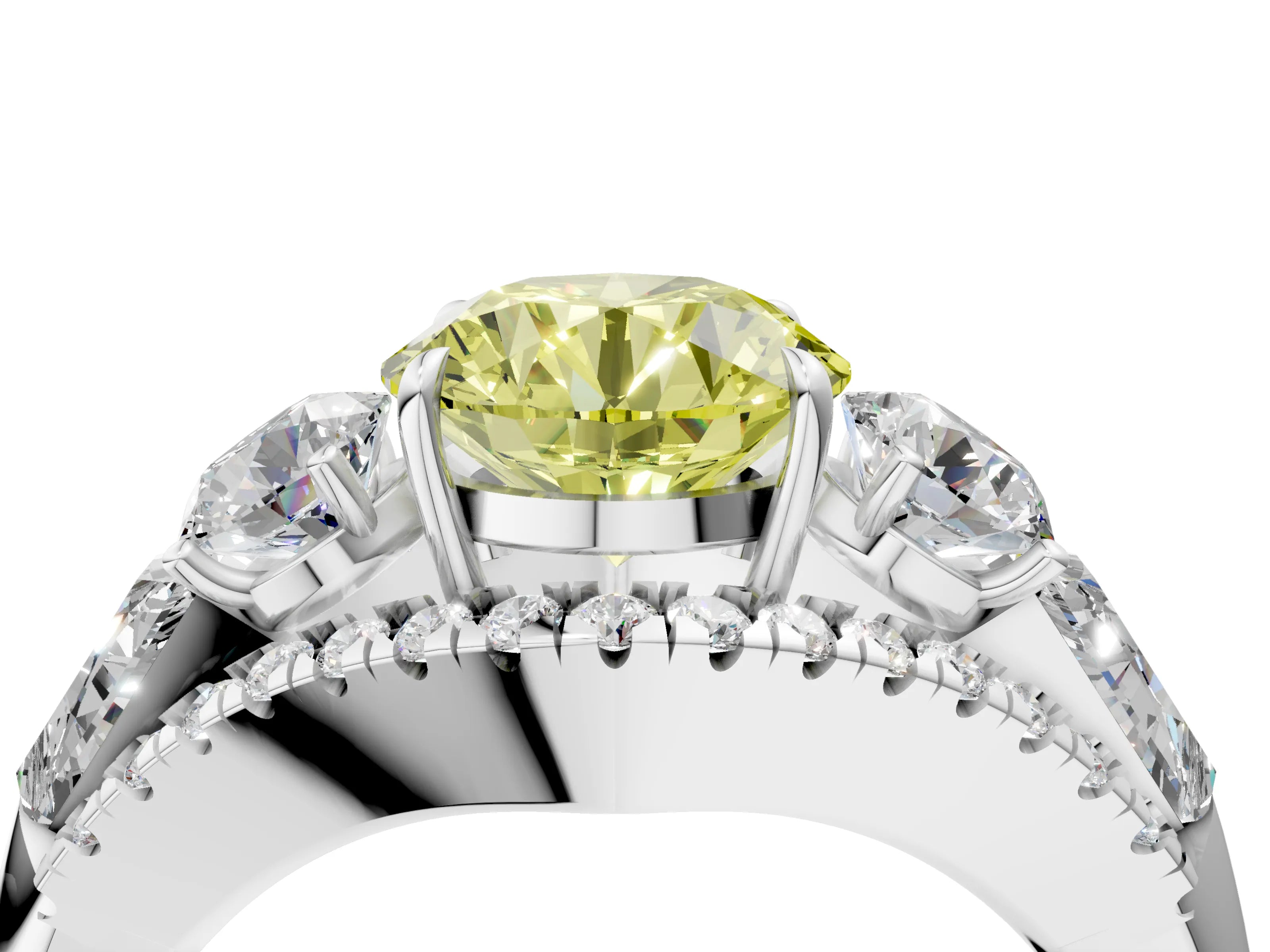 White gold Three-Stone Fancy Yellow Round Cut Diamond Engagement Ring with Pave Band and Prong Setting_16
