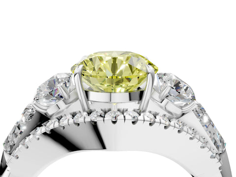 White gold Three-Stone Fancy Yellow Round Cut Diamond Engagement Ring with Pave Band and Prong Setting_16