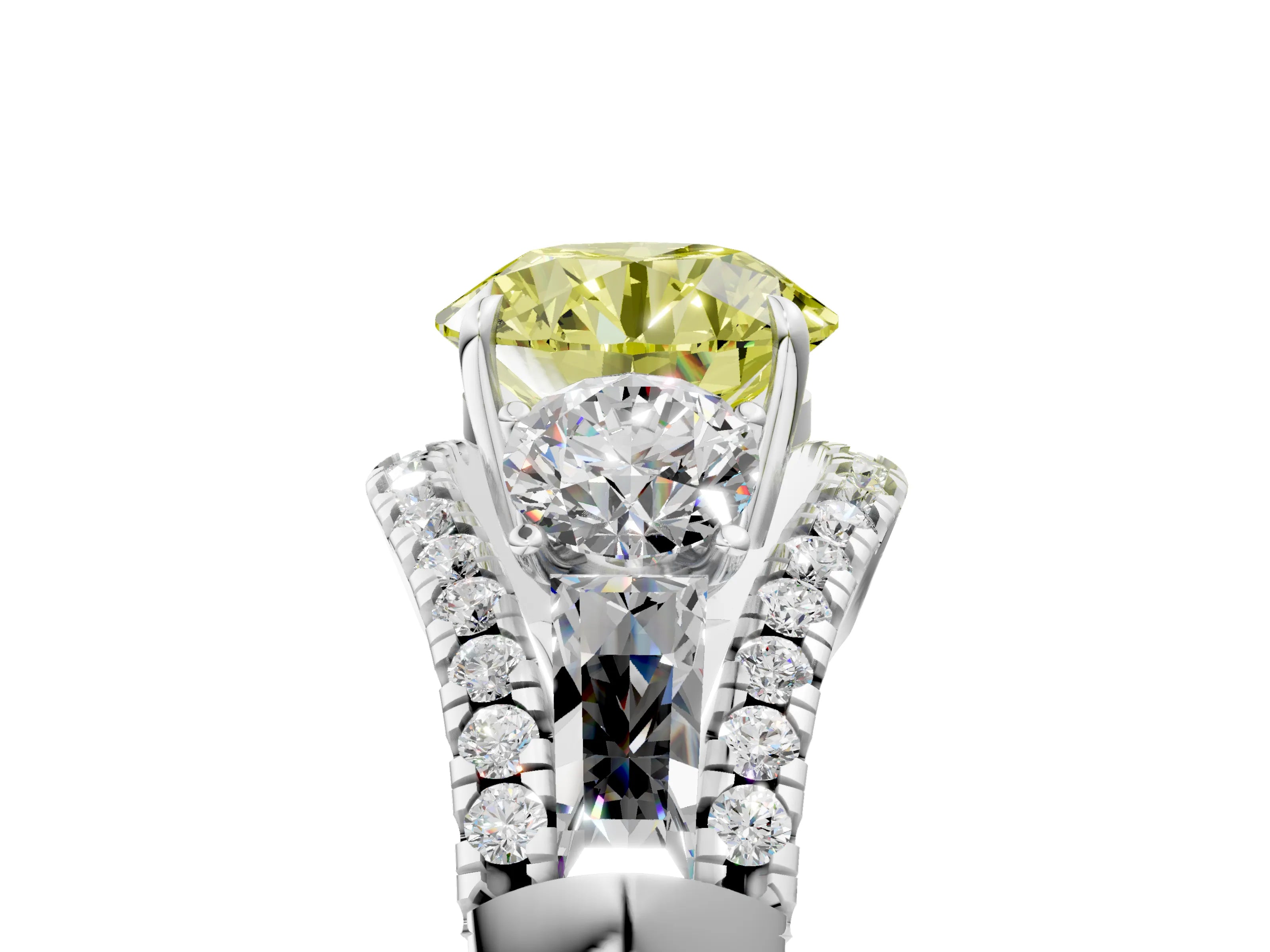 White gold Three-Stone Fancy Yellow Round Cut Diamond Engagement Ring with Pave Band and Prong Setting_17