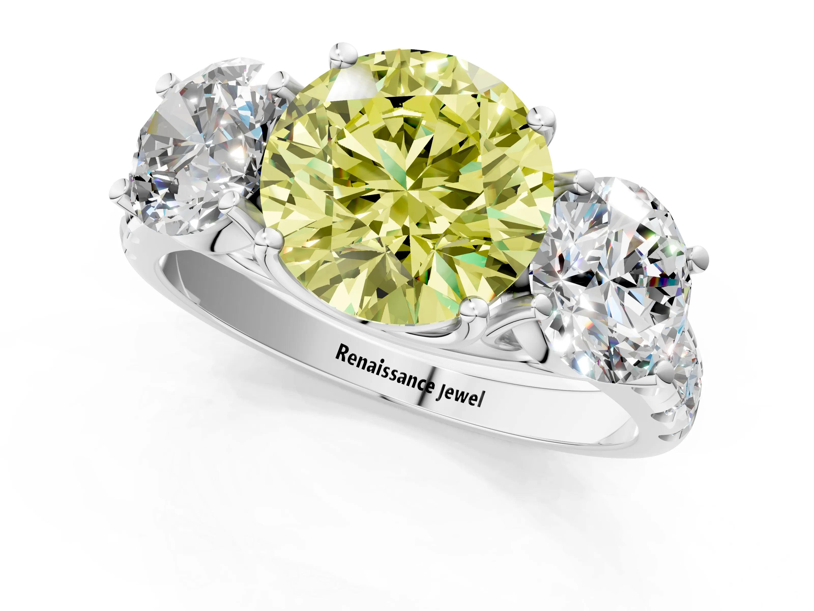 White gold Three-Stone Fancy Yellow Round Cut Diamond Pavé Band with Prong Setting_13