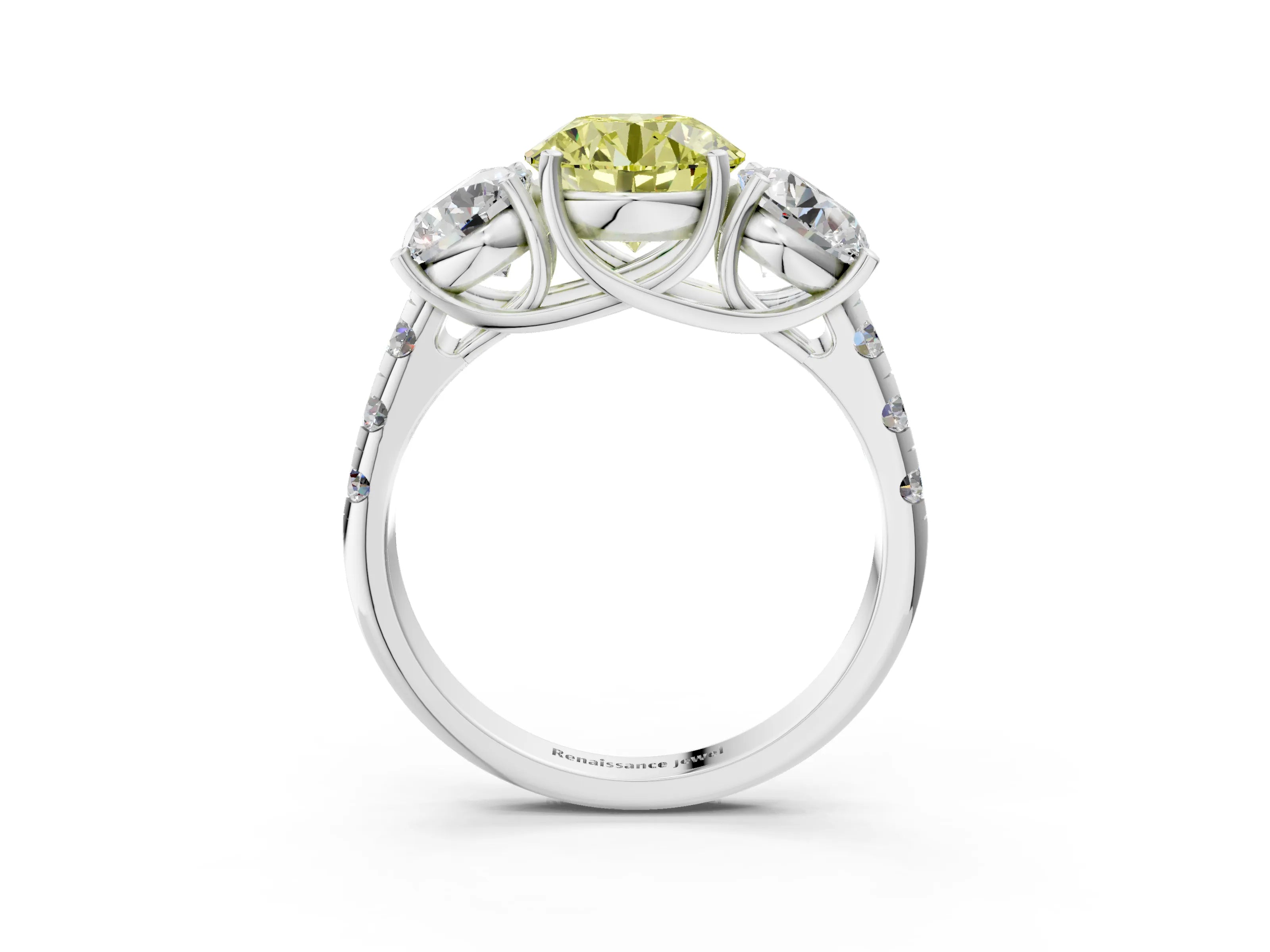White gold Three-Stone Fancy Yellow Round Cut Diamond Pavé Band with Prong Setting_15