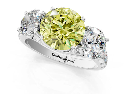 White gold Three-Stone Fancy Yellow Round Cut Diamond Pavé Band with Prong Setting_1