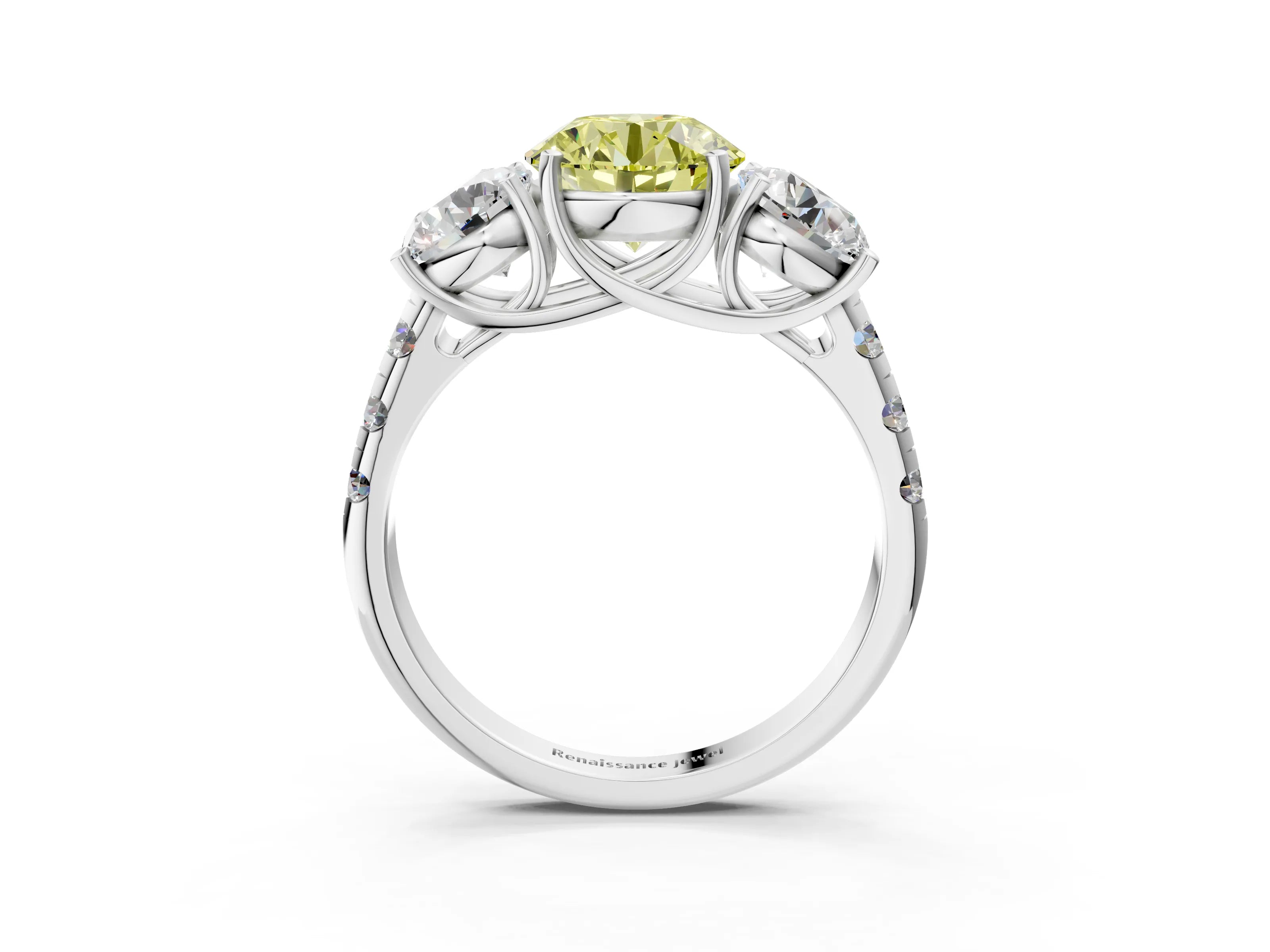 White gold Three-Stone Fancy Yellow Round Cut Diamond Pavé Band with Prong Setting_3