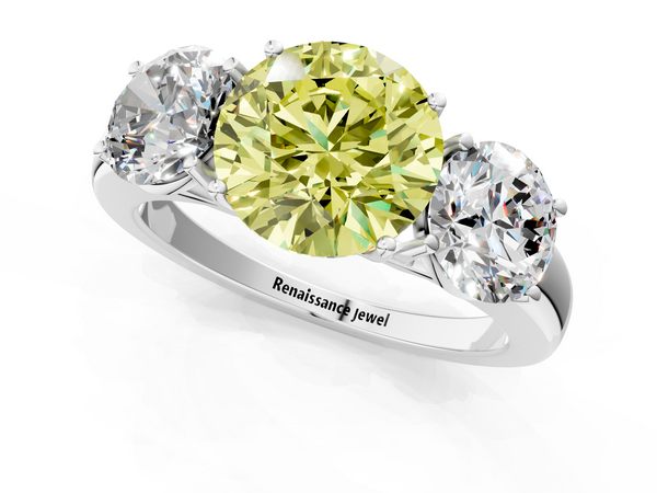 White gold Fancy Yellow Round Cut Diamond Three-Stone Ring with Four-Prong Setting and Classic Band