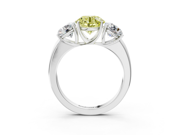 White gold Fancy Yellow Round Cut Diamond Three-Stone Ring with Four-Prong Setting and Classic Band
