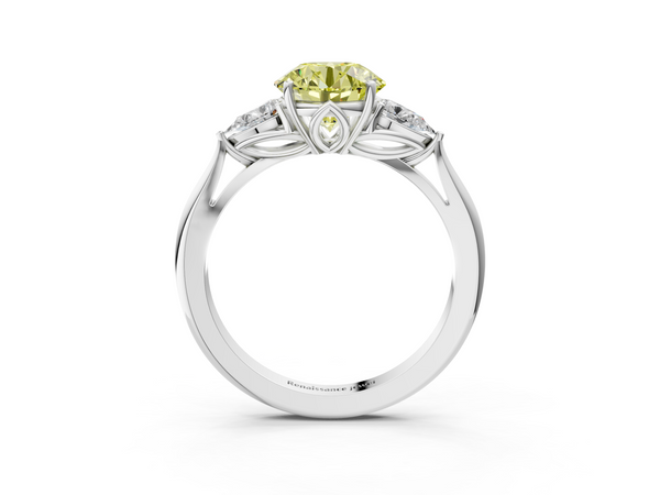 Platinum Three-Stone Fancy Yellow Round  Cut Diamond Ring with Pear Side Stones in Four-Prong Setting