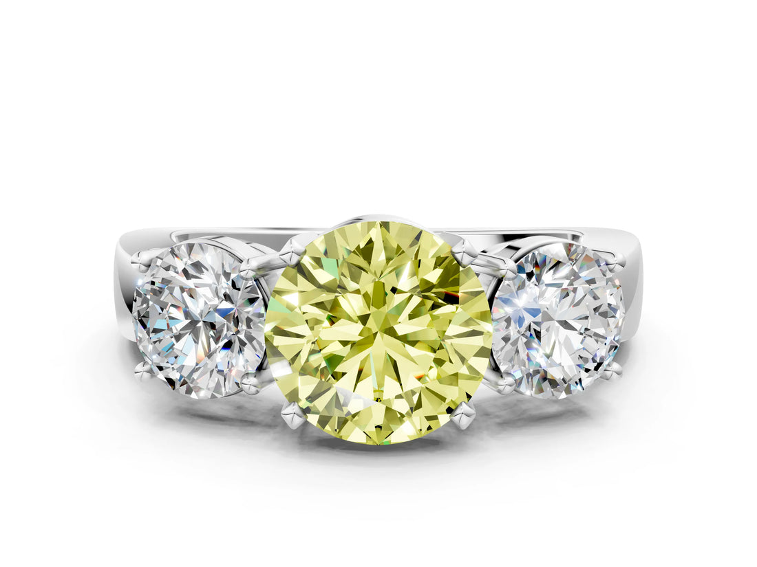 White gold Three-Stone Fancy Yellow Round Cut Diamond Ring with Round Side Stones, Classic Band, and Four-Prong Setting_48