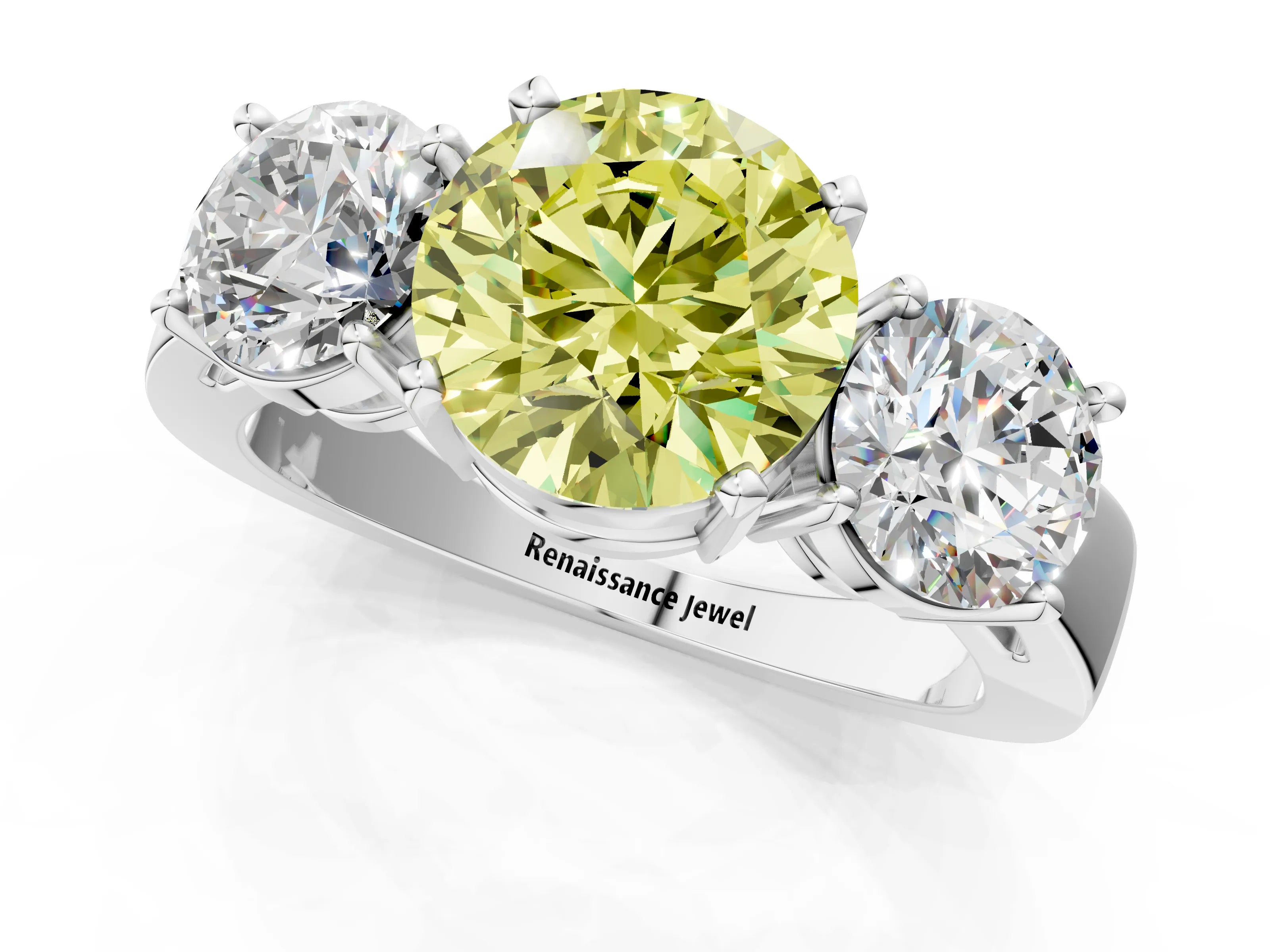 White gold Three-Stone Fancy Yellow Round Cut Diamond Ring with Round Side Stones, Classic Band, and Four-Prong Setting_48