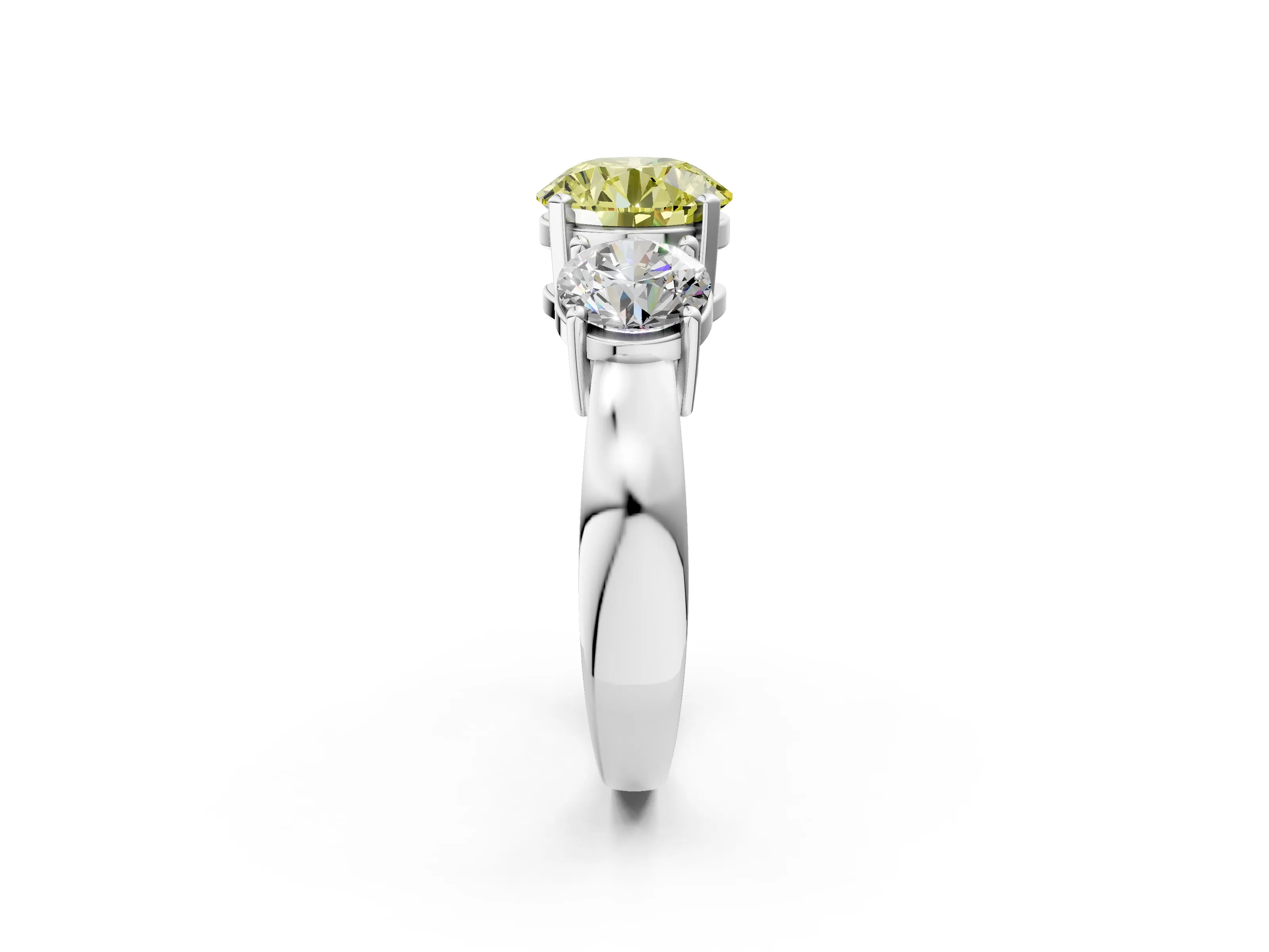 White gold Three-Stone Fancy Yellow Round Cut Diamond Ring with Round Side Stones, Classic Band, and Four-Prong Setting_49