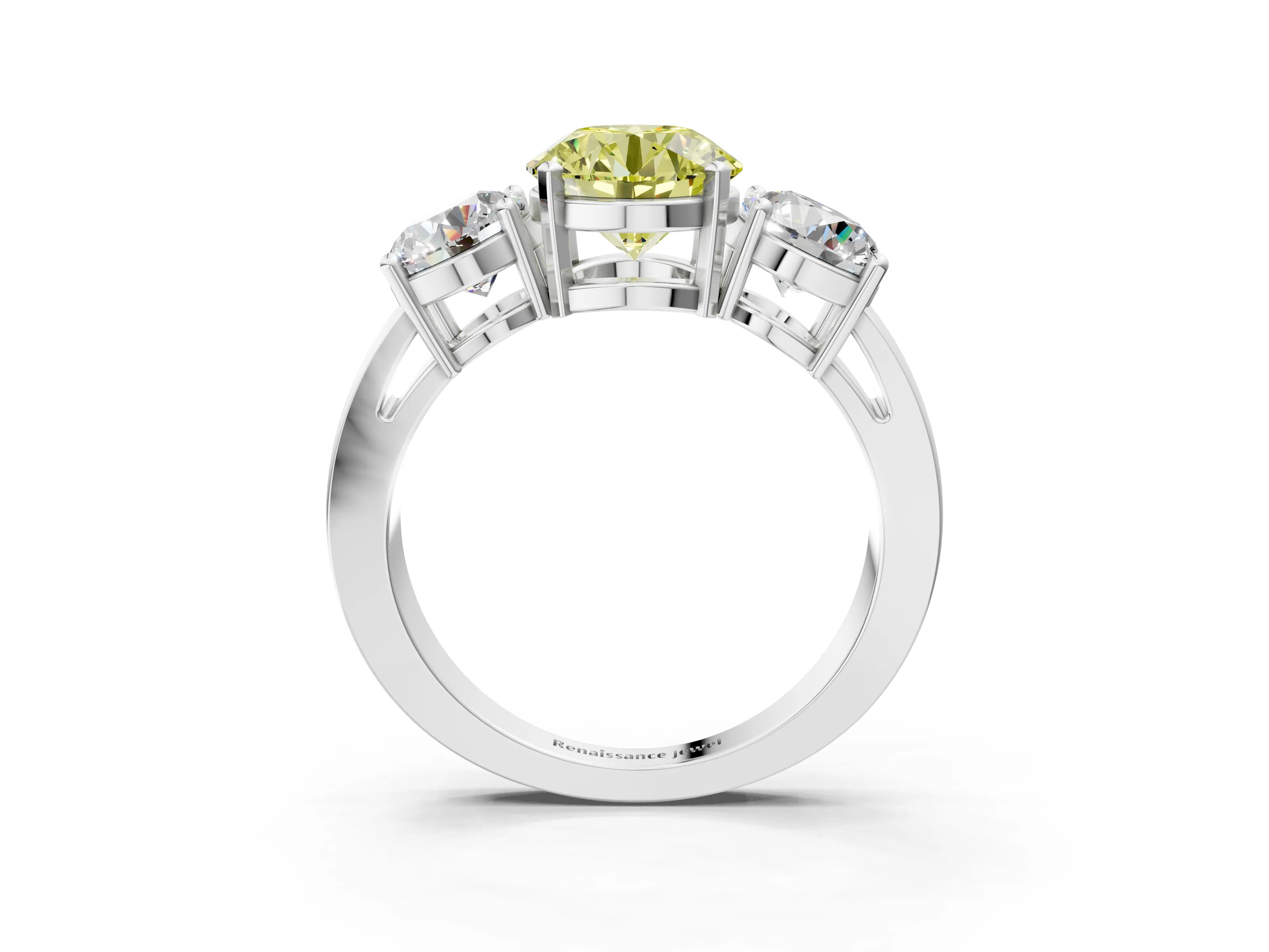 White gold Three-Stone Fancy Yellow Round Cut Diamond Ring with Round Side Stones, Classic Band, and Four-Prong Setting_51