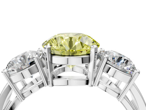 White gold Three-Stone Fancy Yellow Round Cut Diamond Ring with Round Side Stones, Classic Band, and Four-Prong Setting_52