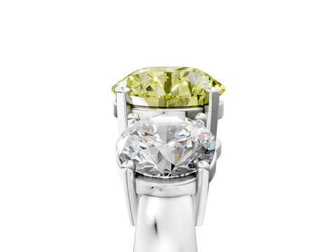 White gold Three-Stone Fancy Yellow Round Cut Diamond Ring with Round Side Stones, Classic Band, and Four-Prong Setting_53