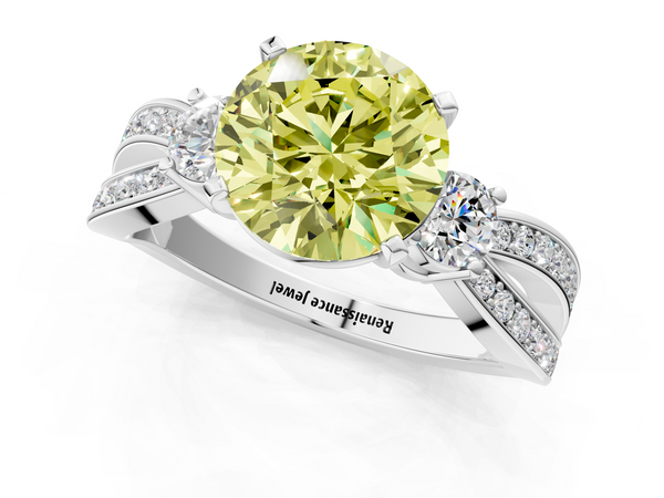 White gold Three-Stone Fancy Yellow Round  Cut Diamond Twist Band with Prong Setting