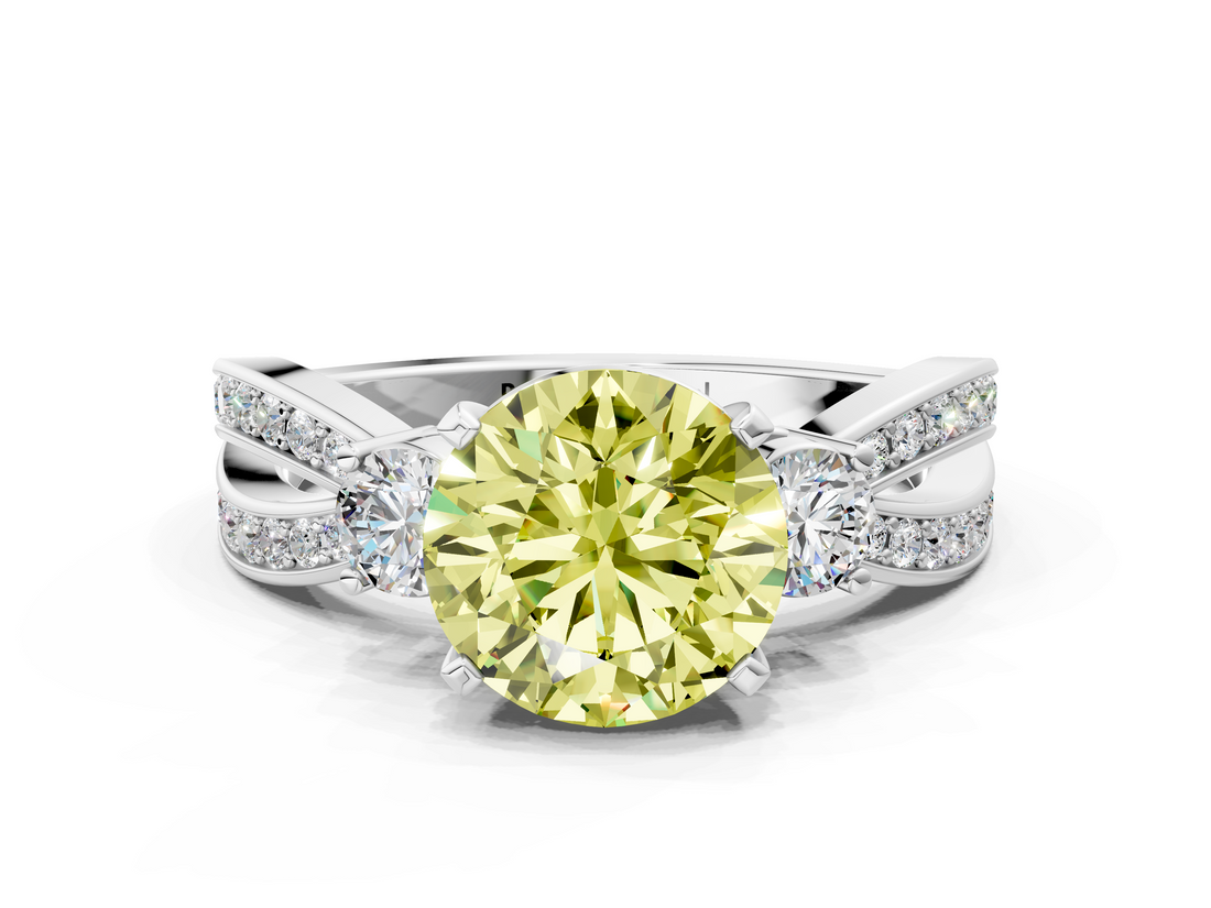 White gold Three-Stone Fancy Yellow Round  Cut Diamond Twist Band with Prong Setting