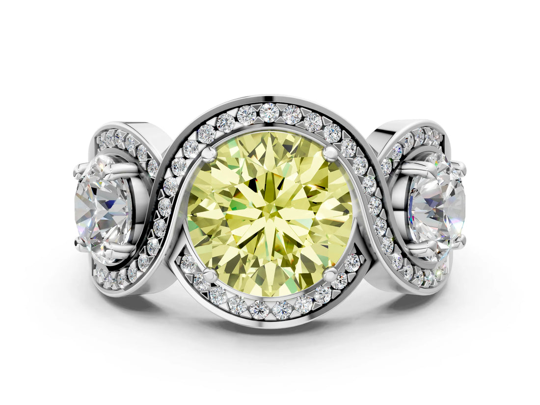 White gold Three-Stone Fancy Yellow Round Cut Diamond Wave Pave Band with Prong Setting
