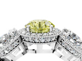 White gold Three-Stone Fancy Yellow Round Cut Halo Diamond Milgrain Band with Four-Prong Setting_4
