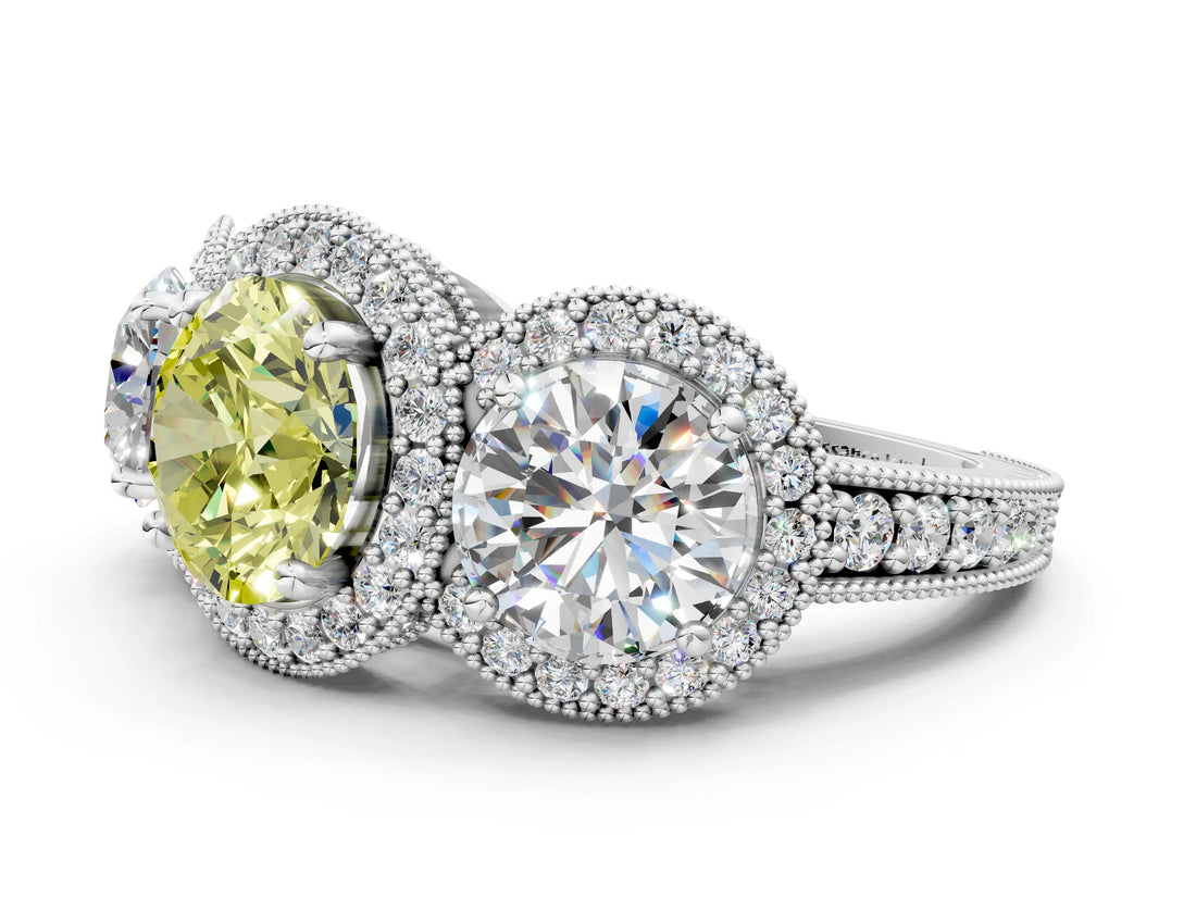 White gold Three-Stone Fancy Yellow Round Cut Halo Diamond Milgrain Band with Four-Prong Setting