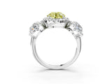 White gold Three-Stone Fancy Yellow Round Cut Halo Diamond Ring with Pave Band and Four-Prong Setting_3
