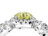 White gold Three-Stone Fancy Yellow Round Cut Halo Diamond Ring with Pave Band and Four-Prong Setting_4