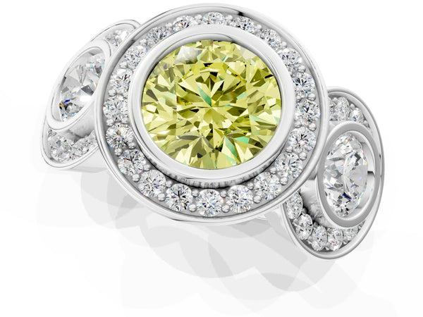 White gold Three-Stone Fancy Yellow Round Cut Halo Pavé Diamond Ring
