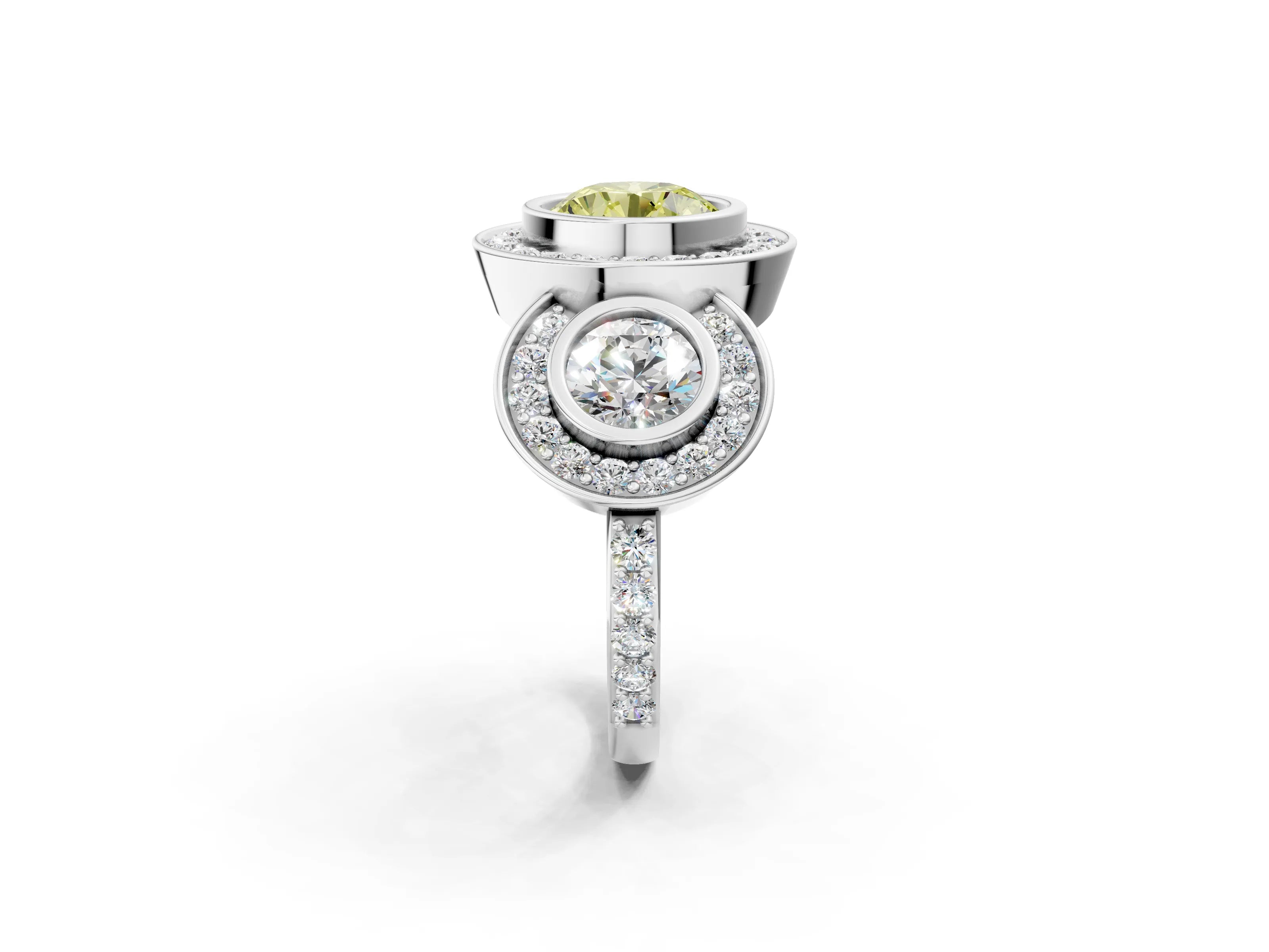 White gold Three-Stone Fancy Yellow Round Cut Halo Pavé Diamond Ring_2
