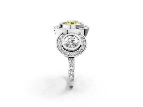 White gold Three-Stone Fancy Yellow Round Cut Halo Pavé Diamond Ring