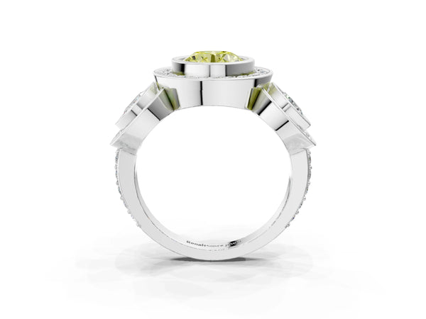 White gold Three-Stone Fancy Yellow Round Cut Halo Pavé Diamond Ring