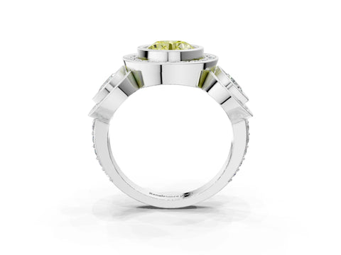 White gold Three-Stone Fancy Yellow Round Cut Halo Pavé Diamond Ring_3