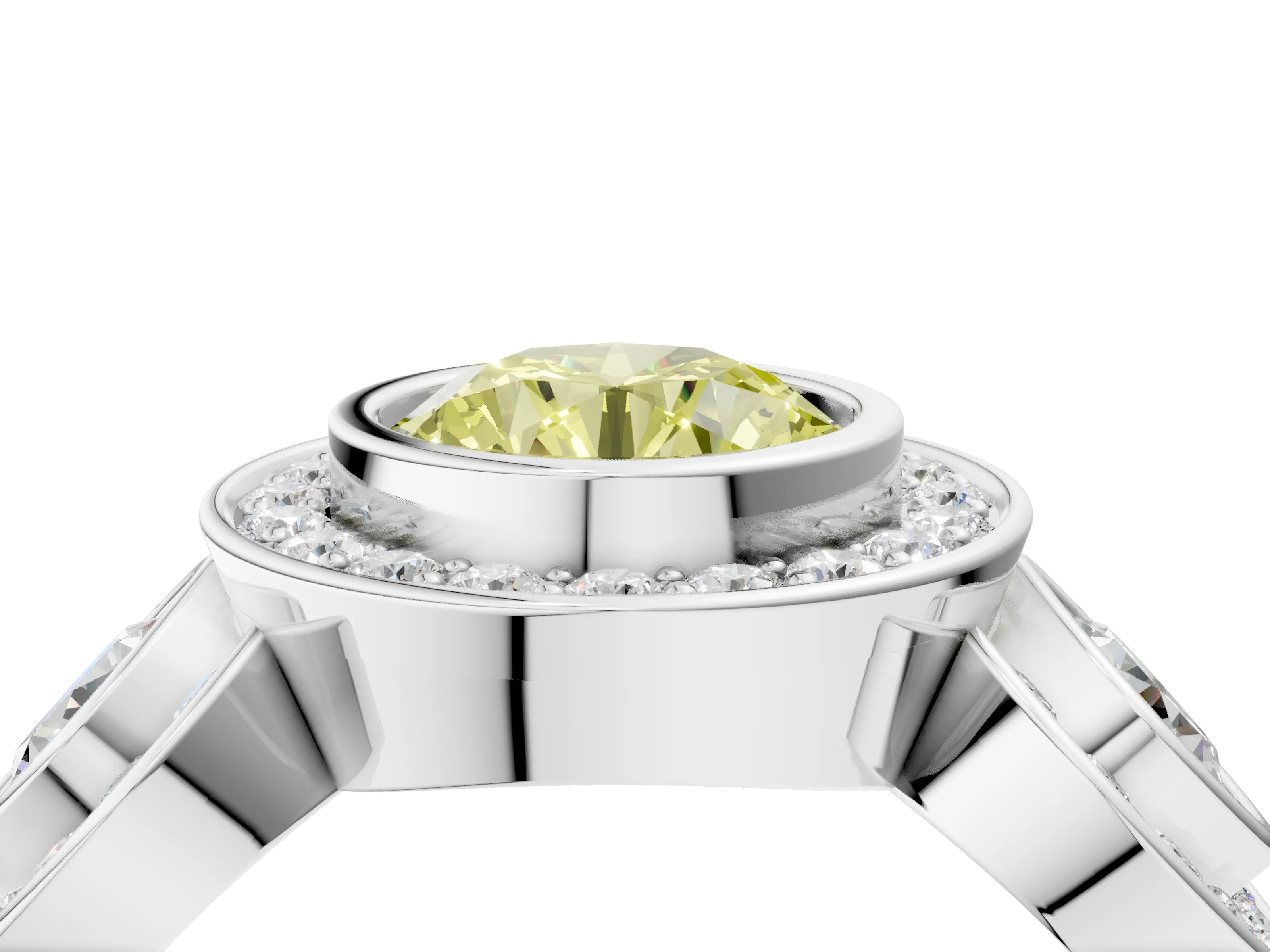 White gold Three-Stone Fancy Yellow Round Cut Halo Pavé Diamond Ring_4