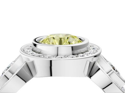 White gold Three-Stone Fancy Yellow Round Cut Halo Pavé Diamond Ring_4