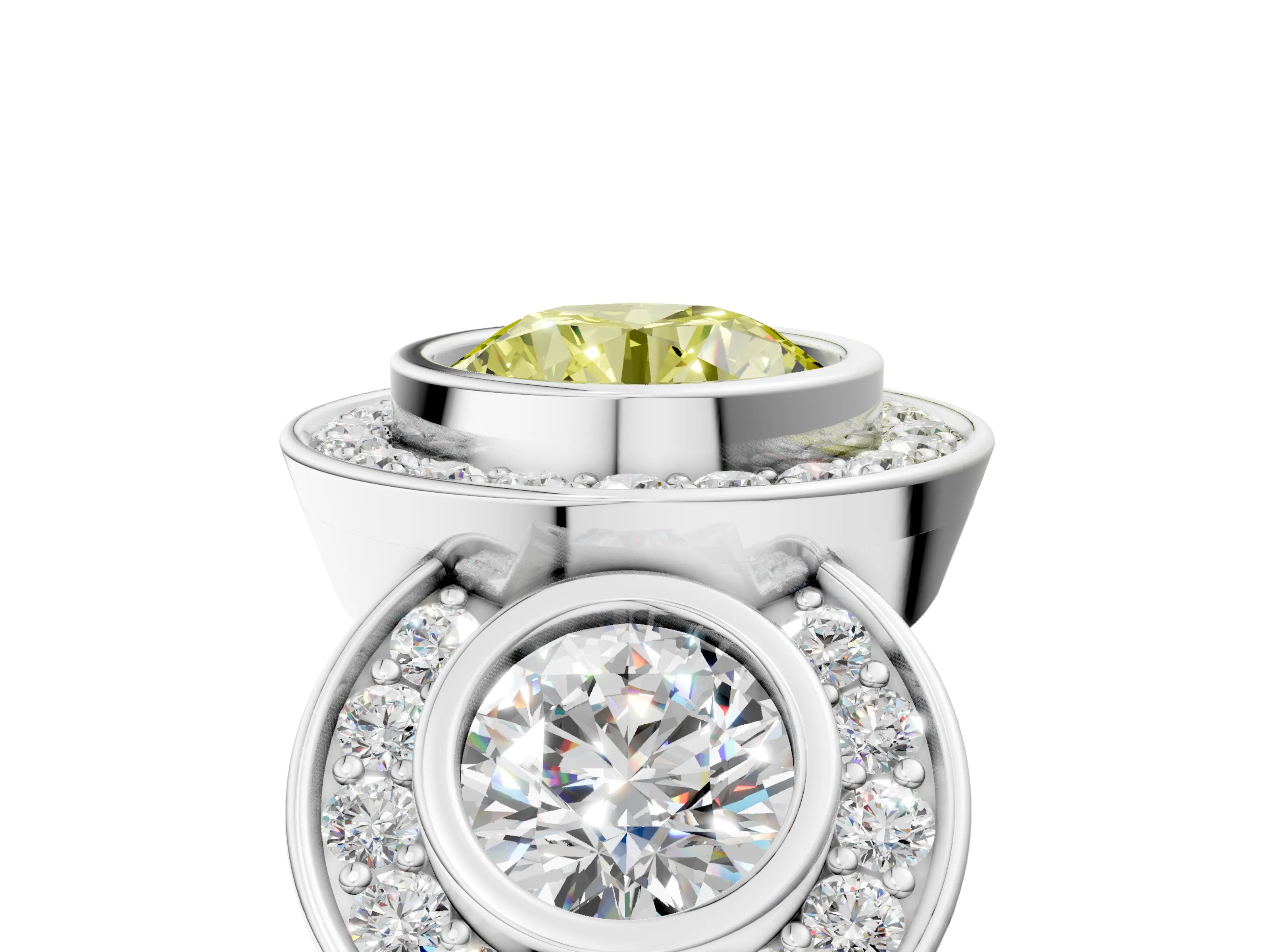 White gold Three-Stone Fancy Yellow Round Cut Halo Pavé Diamond Ring_5