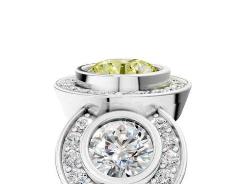 White gold Three-Stone Fancy Yellow Round Cut Halo Pavé Diamond Ring_5