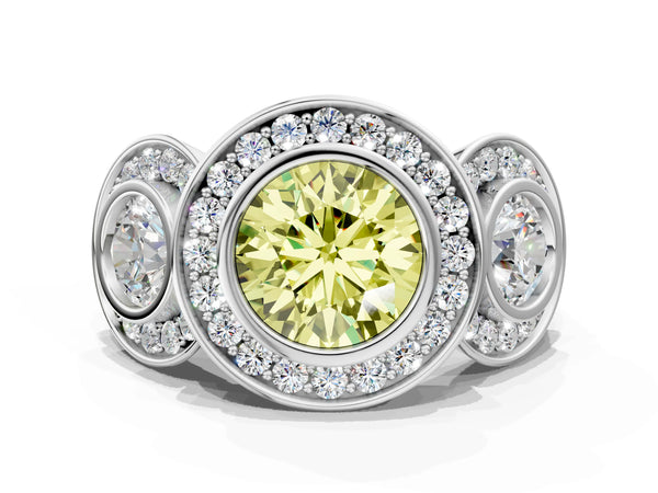 White gold Three-Stone Fancy Yellow Round Cut Halo Pavé Diamond Ring