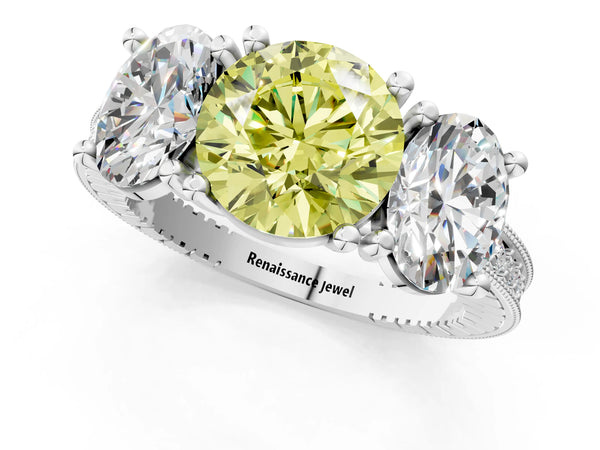 White gold Three-Stone Fancy Yellow Round  Diamond Milgrain Pave Band with Prong Setting