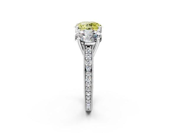 White gold Three-Stone Fancy Yellow Round  Diamond Milgrain Pave Band with Prong Setting