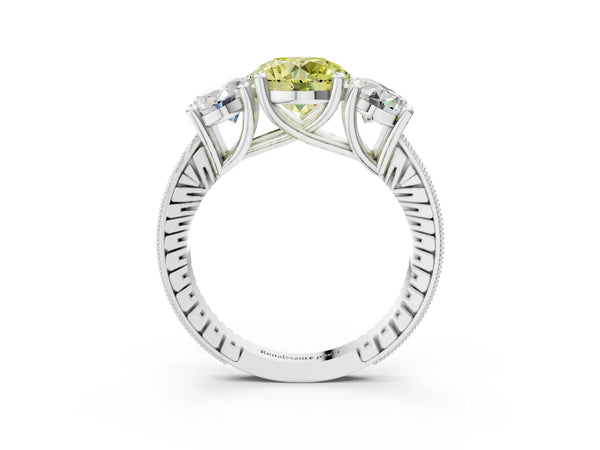 White gold Three-Stone Fancy Yellow Round  Diamond Milgrain Pave Band with Prong Setting
